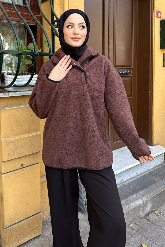 Arles Kanguru Peluş Sweatshirt - Kahverengi 