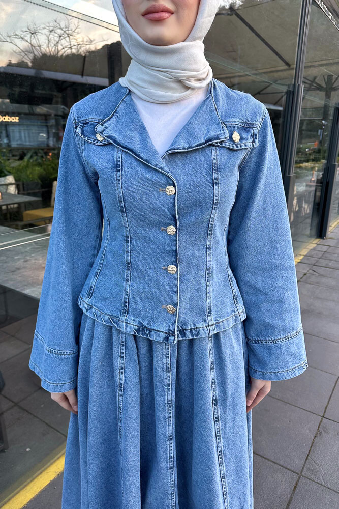 Bele Oturan Form Etekli Denim Takım - Açık Mavi - 6