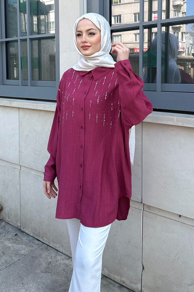 Damla Taşlı Oversize Gömlek - Bordo - 5