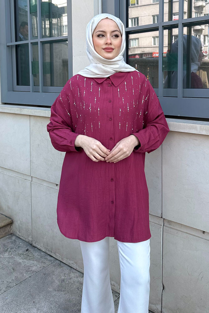 Damla Taşlı Oversize Gömlek - Bordo - 7