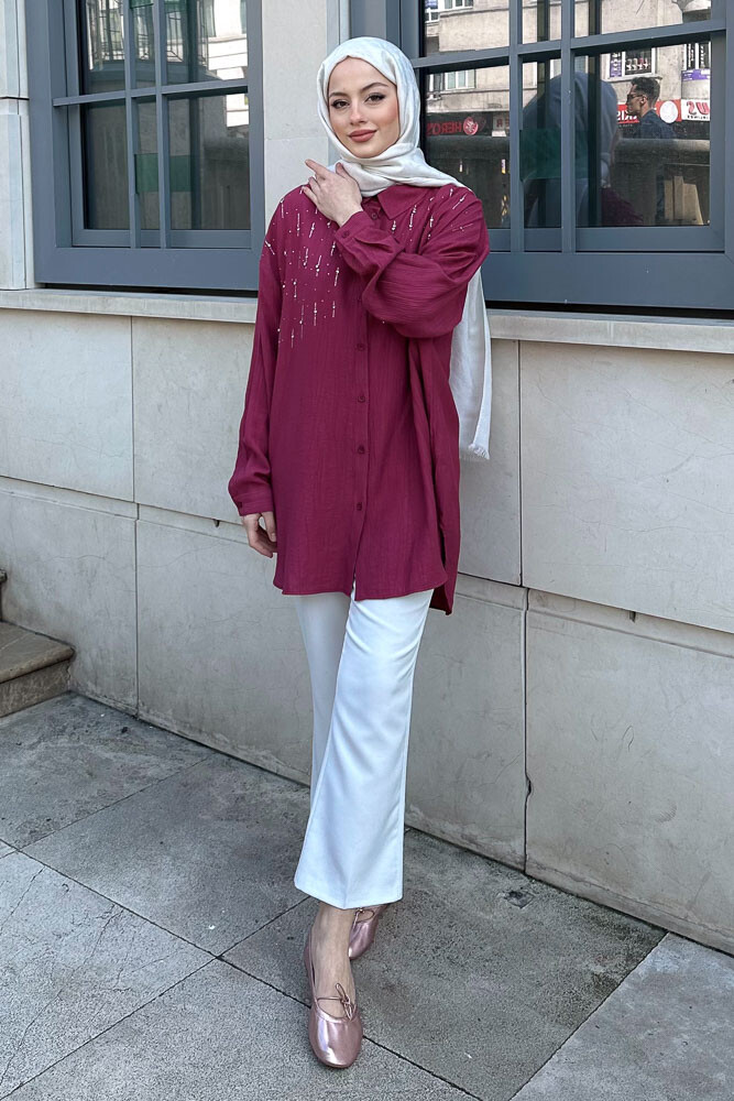 Damla Taşlı Oversize Gömlek - Bordo 