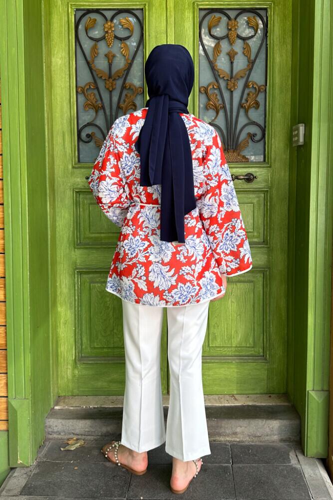 Desenli Keten Kimono - Kırmızı - 8