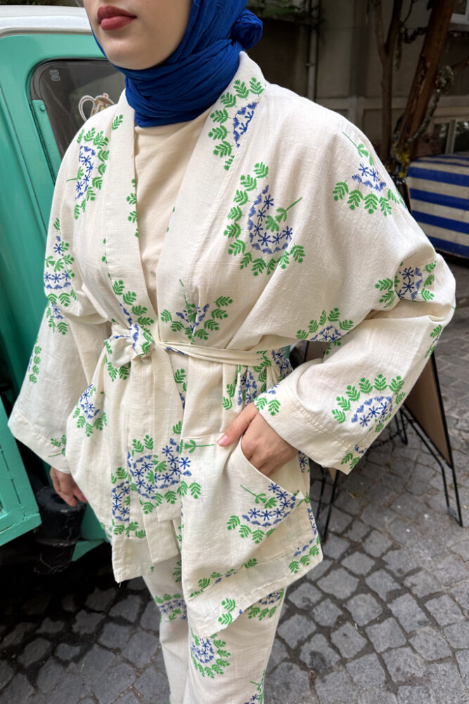 Desenli Kimono Takım - Mavi Yeşil - 4