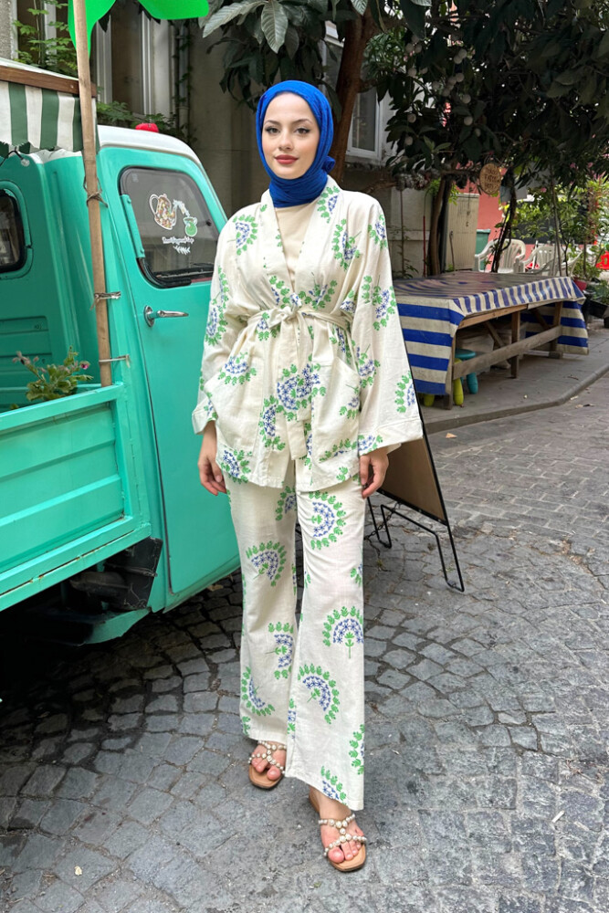 Desenli Kimono Takım - Mavi Yeşil - 8