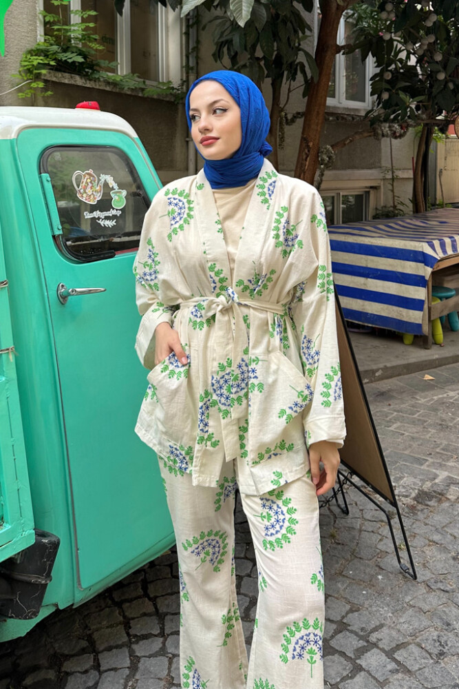 Desenli Kimono Takım - Mavi Yeşil - 3