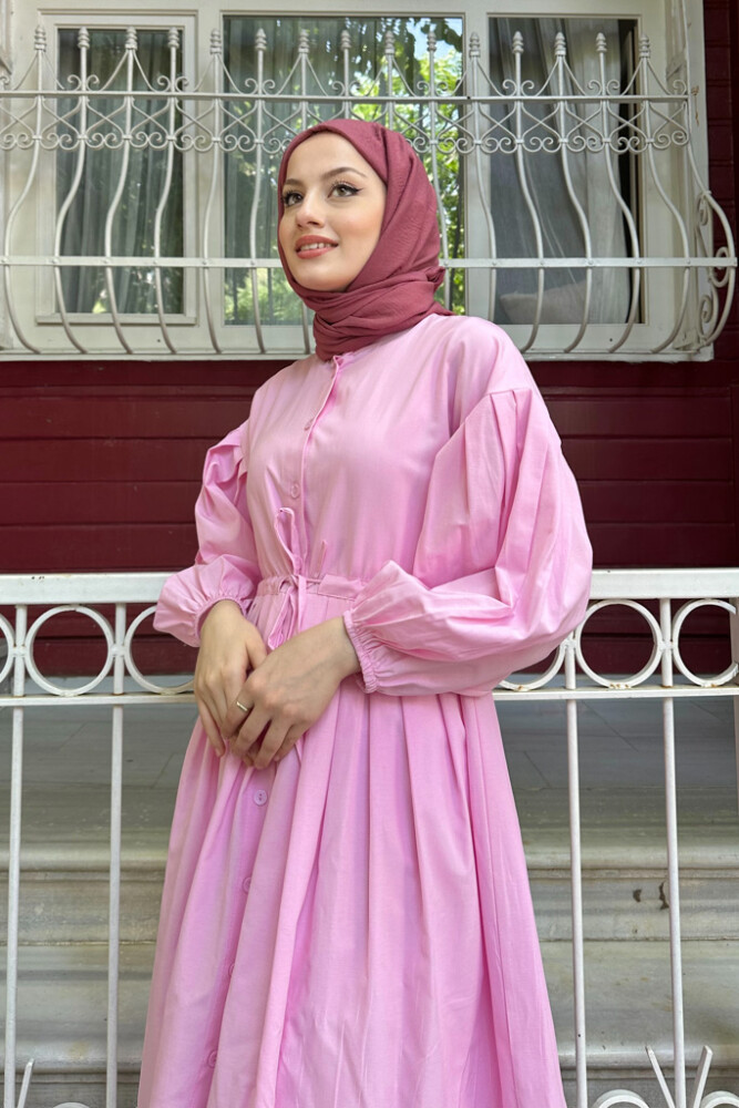 Düğmeli Bel Büzgülü Elbise - Pembe - 3