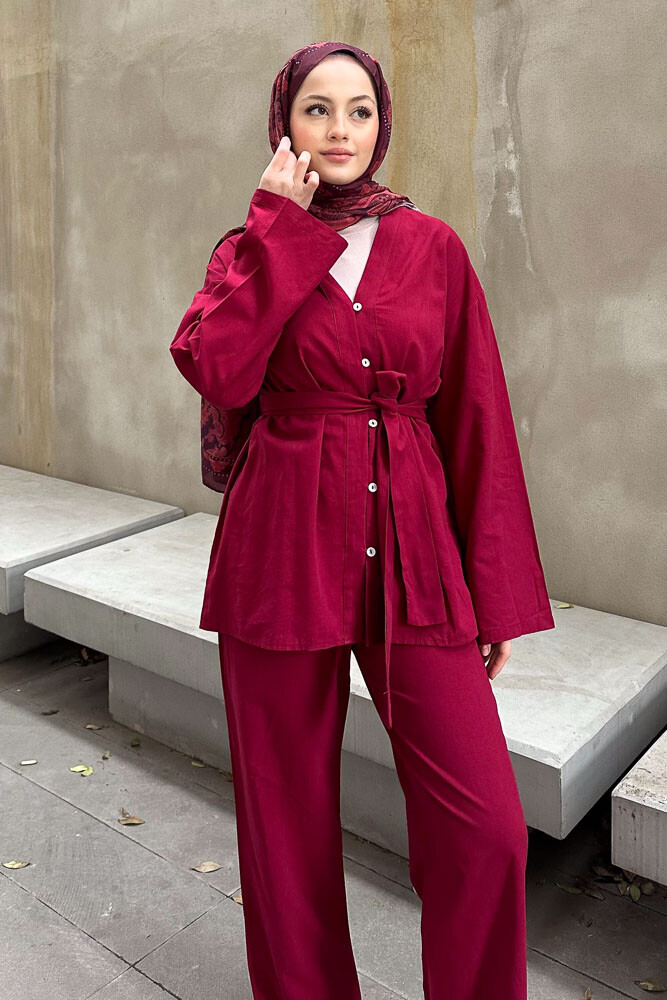 Düğmeli Keten Kimono Takım - Bordo - 6