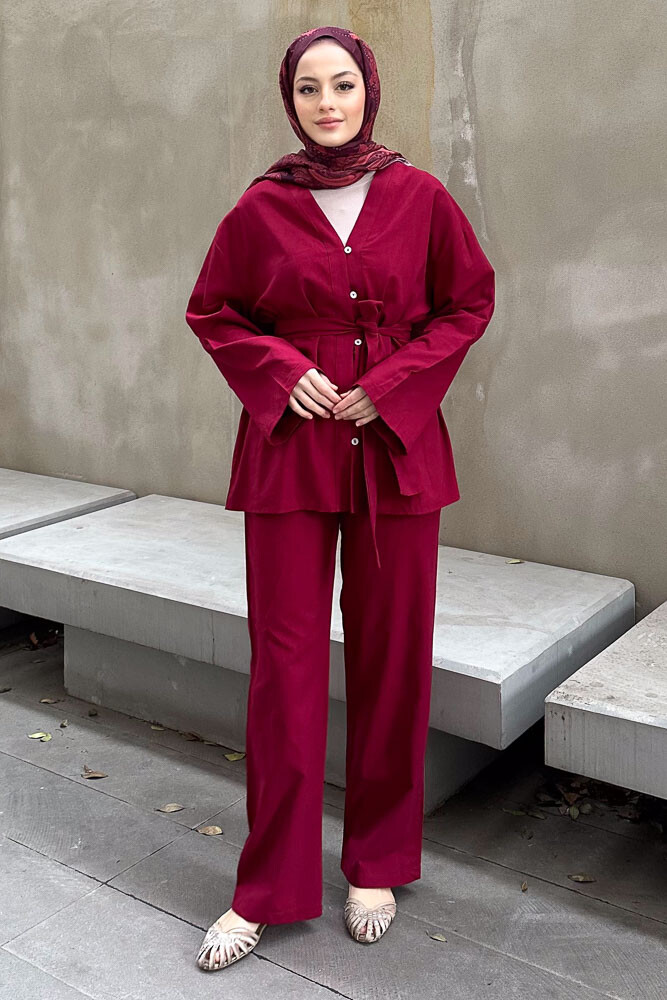 Düğmeli Keten Kimono Takım - Bordo - 5