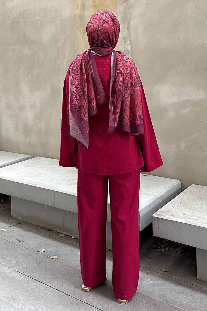 Düğmeli Keten Kimono Takım - Bordo - 8