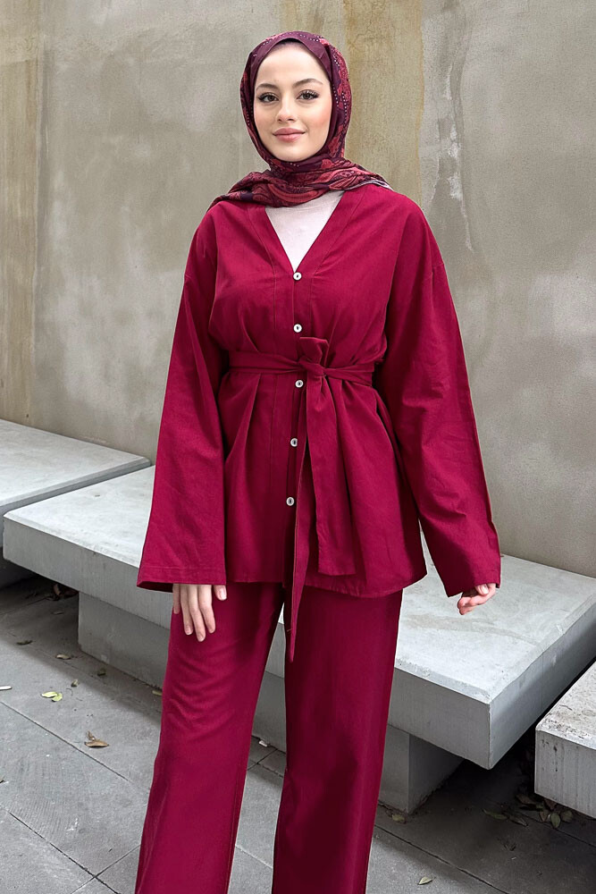 Düğmeli Keten Kimono Takım - Bordo 