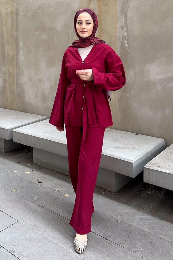 Düğmeli Keten Kimono Takım - Bordo - 2