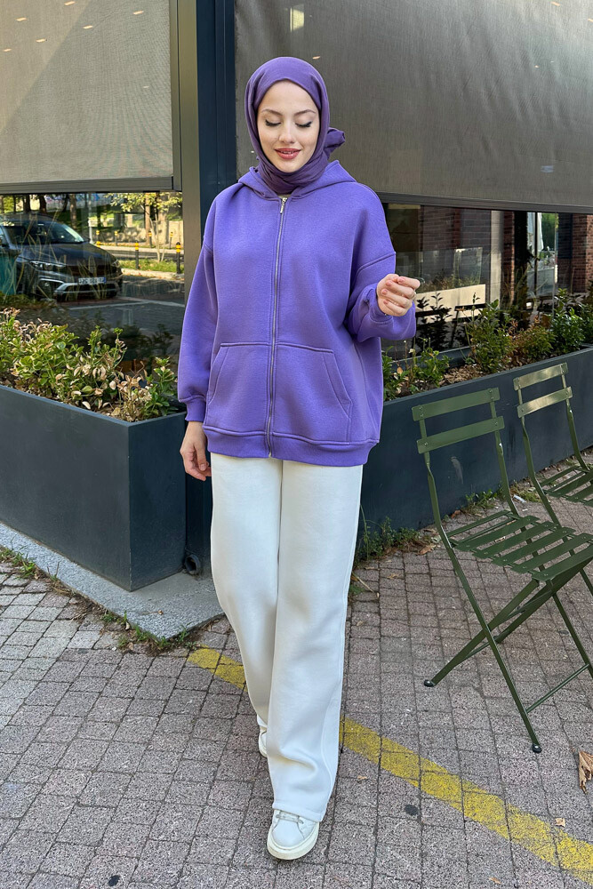 Fermuarlı Basic Sweatshirt - Eflatun - 6