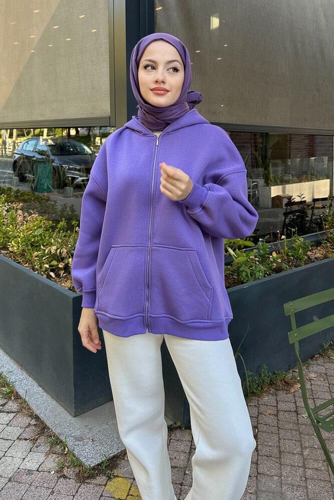 Fermuarlı Basic Sweatshirt - Eflatun - 7