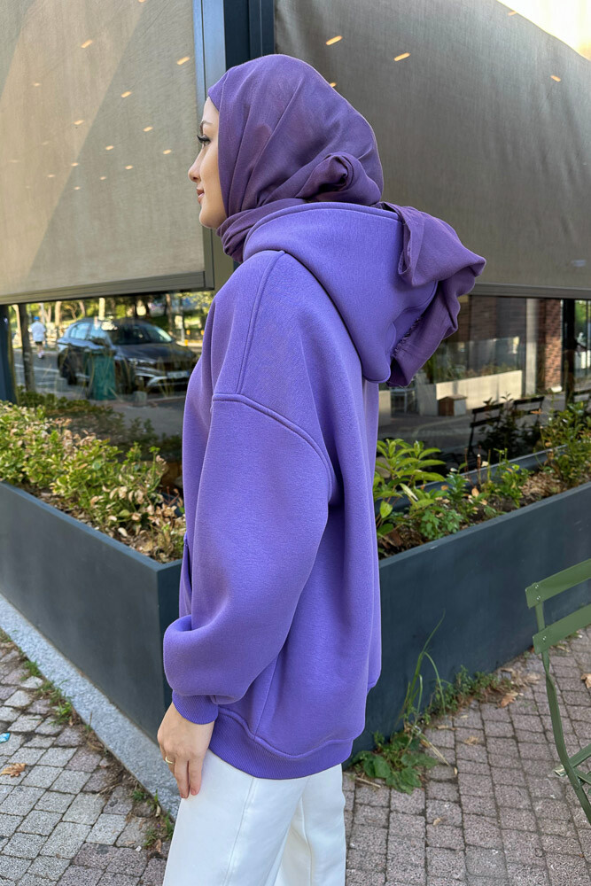 Fermuarlı Basic Sweatshirt - Eflatun - 3