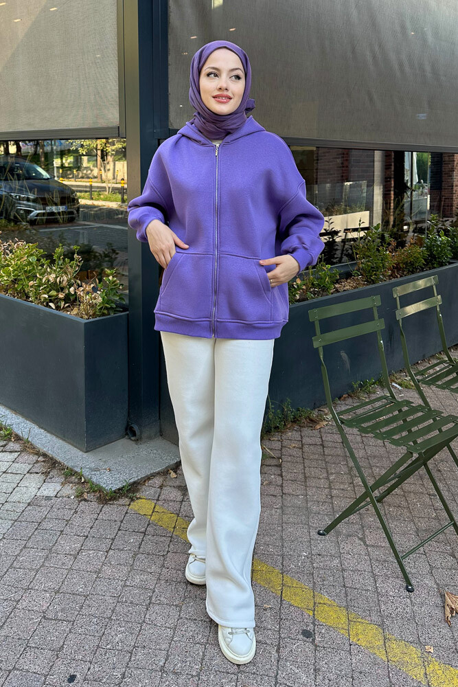 Fermuarlı Basic Sweatshirt - Eflatun 