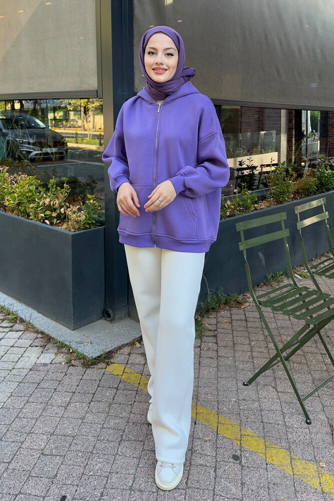 Fermuarlı Basic Sweatshirt - Eflatun - 4