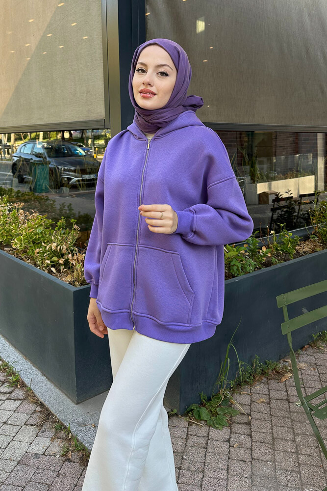 Fermuarlı Basic Sweatshirt - Eflatun - 2