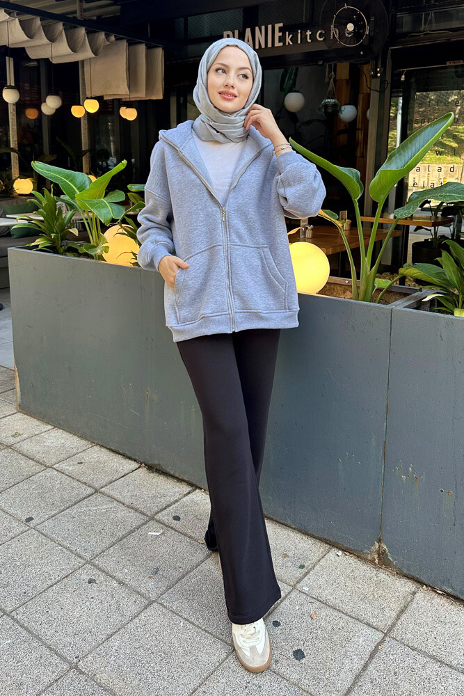 Fermuarlı Basic Sweatshirt - Gri - 4