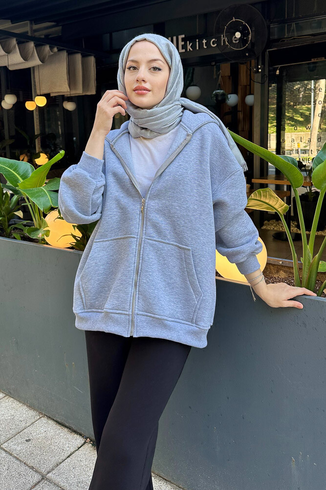 Fermuarlı Basic Sweatshirt - Gri 