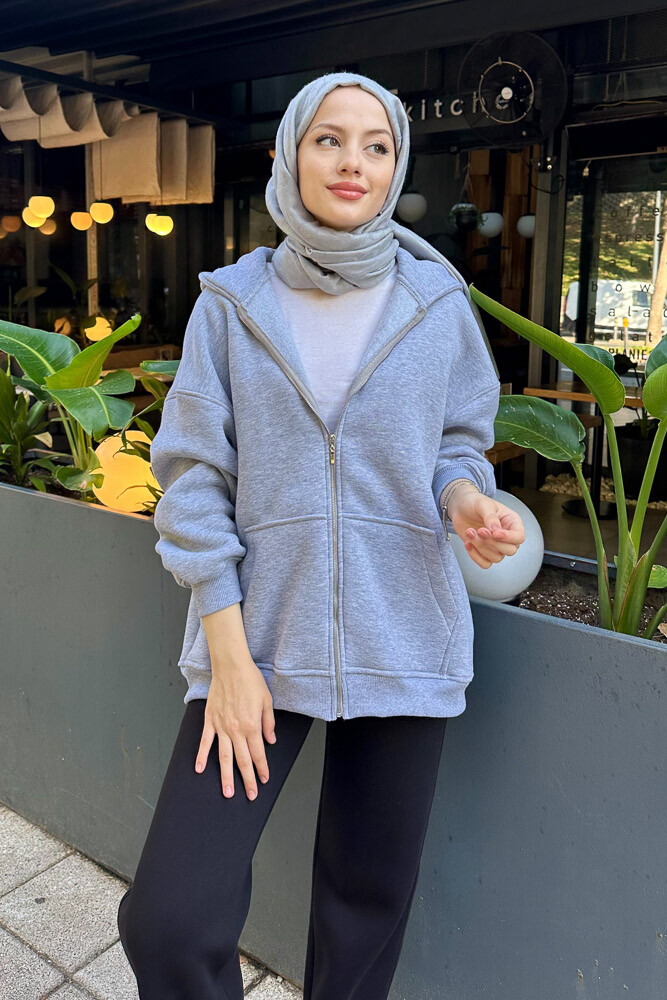 Fermuarlı Basic Sweatshirt - Gri - 3