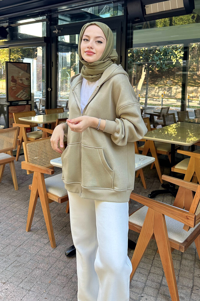 Fermuarlı Basic Sweatshirt - Küf Yeşili - 1