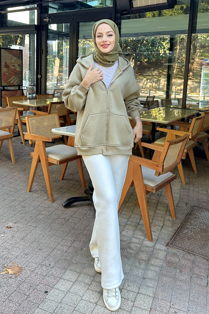 Fermuarlı Basic Sweatshirt - Küf Yeşili - 2