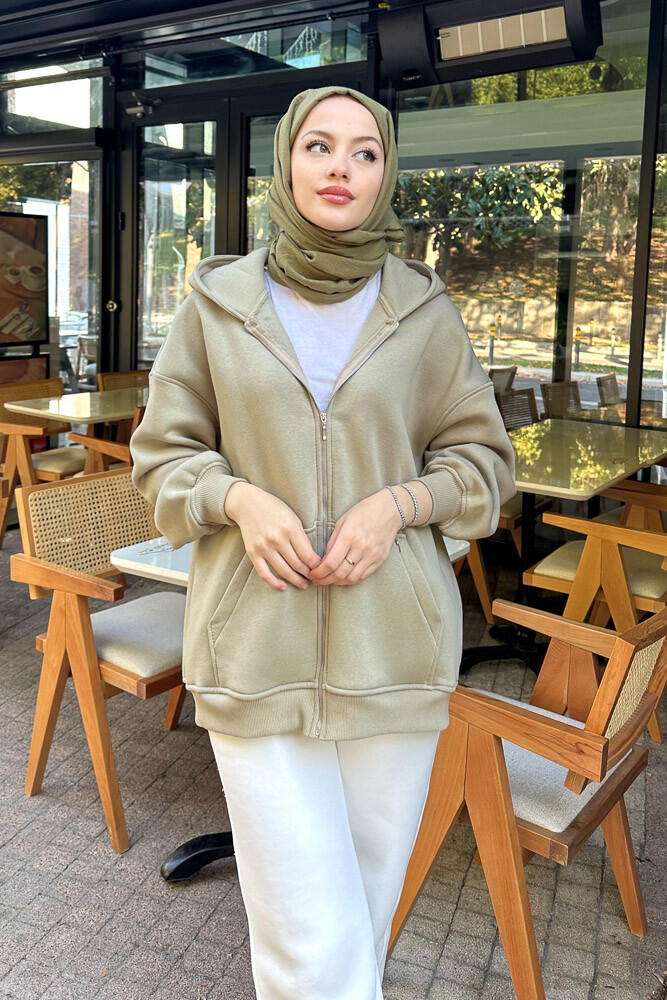 Fermuarlı Basic Sweatshirt - Küf Yeşili - 7