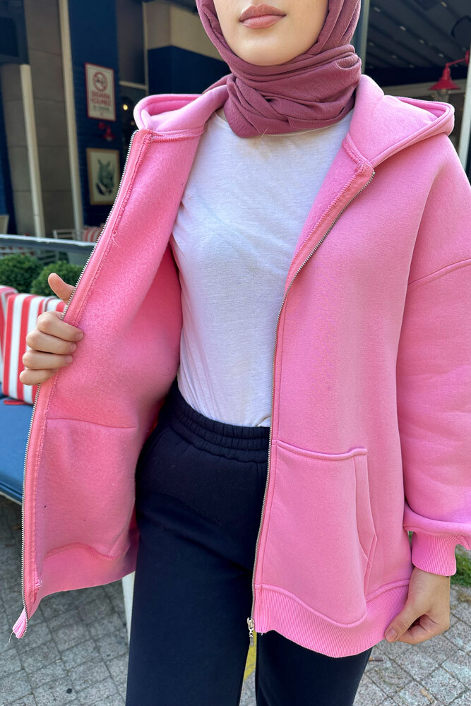 Fermuarlı Basic Sweatshirt - Pembe - 3