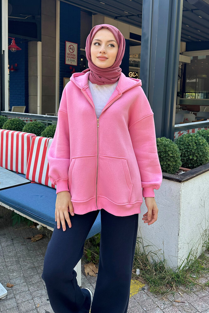 Fermuarlı Basic Sweatshirt - Pembe - 2