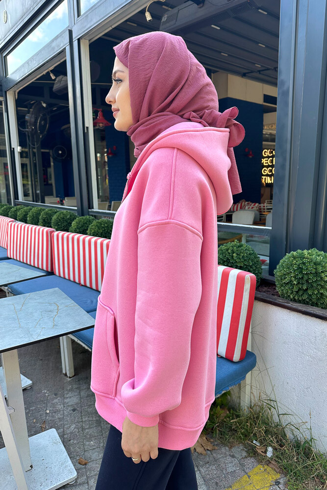 Fermuarlı Basic Sweatshirt - Pembe - 6