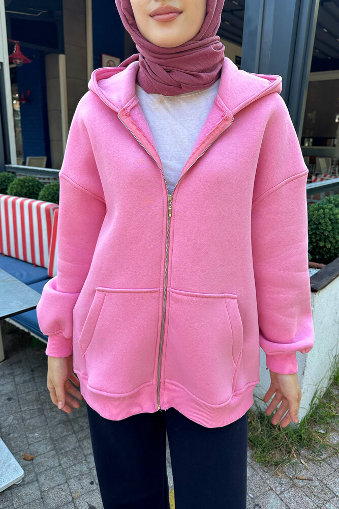 Fermuarlı Basic Sweatshirt - Pembe - 7