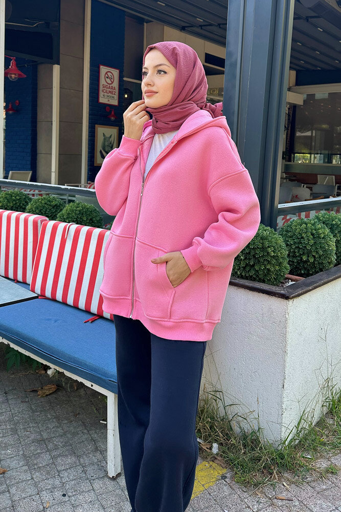 Fermuarlı Basic Sweatshirt - Pembe - 5