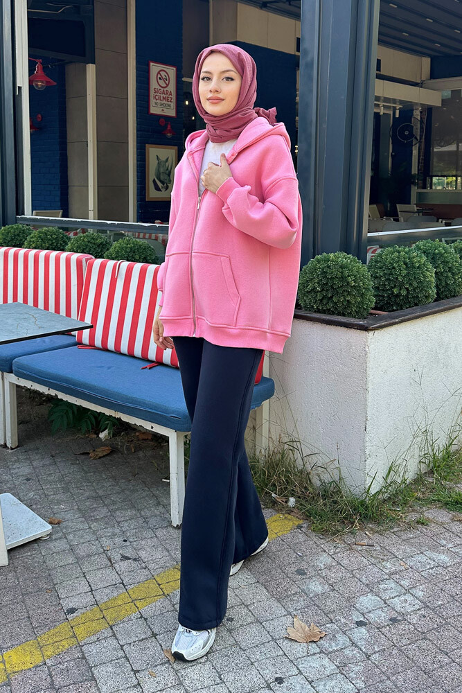 Fermuarlı Basic Sweatshirt - Pembe - 8