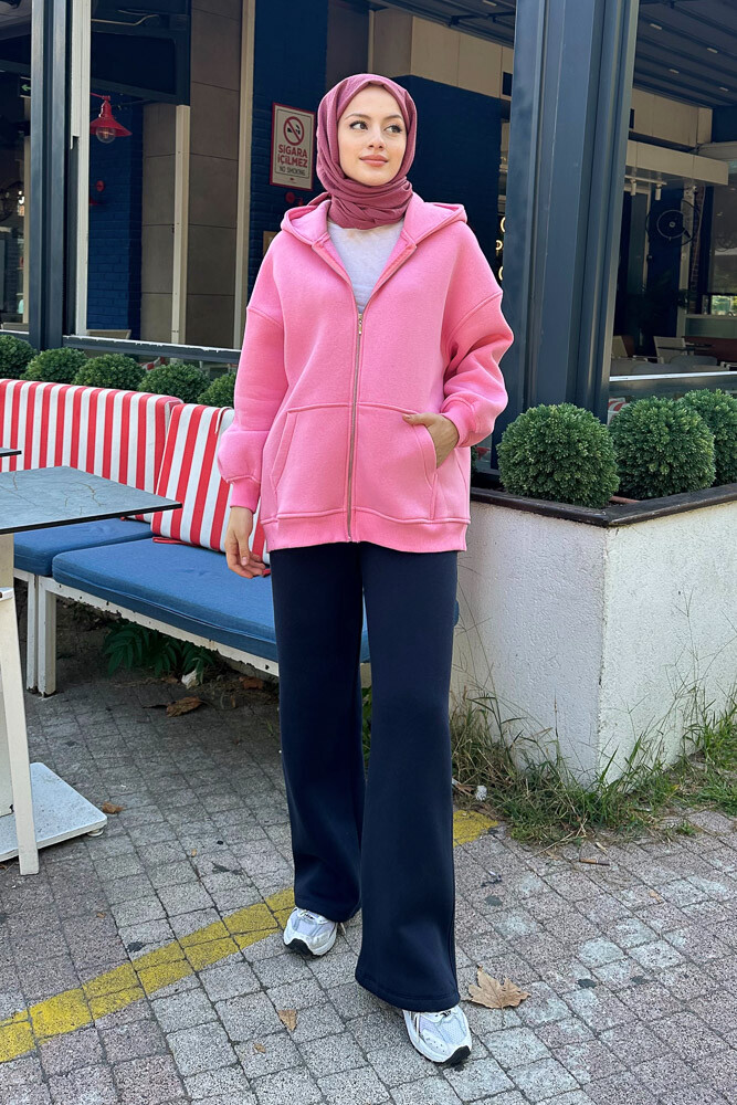 Fermuarlı Basic Sweatshirt - Pembe - 4