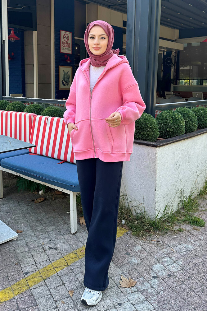 Fermuarlı Basic Sweatshirt - Pembe 