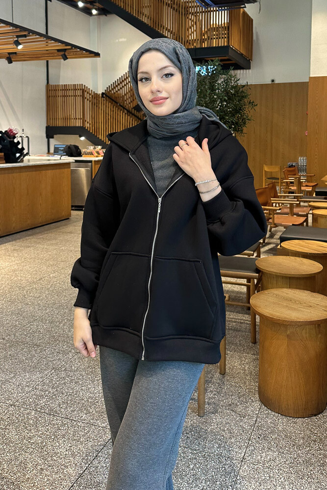 Fermuarlı Basic Sweatshirt - Siyah - 8