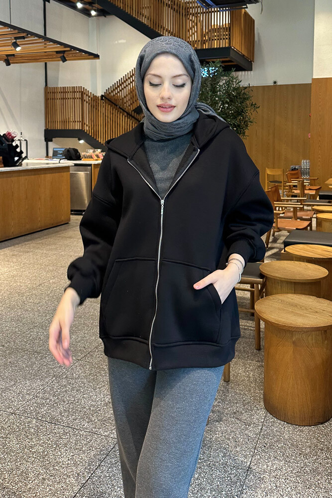 Fermuarlı Basic Sweatshirt - Siyah - 3