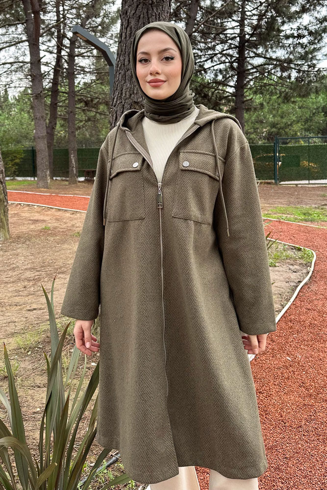 Fermuarlı Oversize Kaban- Haki - 4