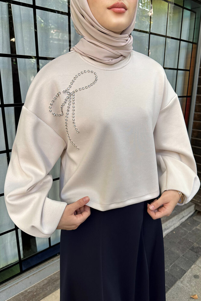 Fiyonk Taşlı Kol Detaylı Basic Sweatshirt - Bej - 3