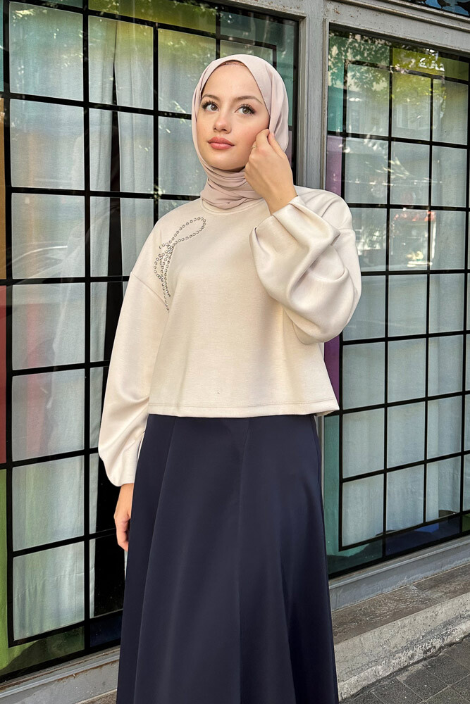 Fiyonk Taşlı Kol Detaylı Basic Sweatshirt - Bej - 5