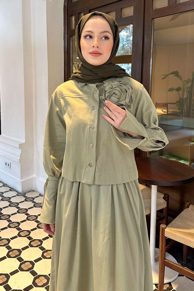 Gabardin Çiçek Detaylı Etek Takım - Mint Yeşili - 8