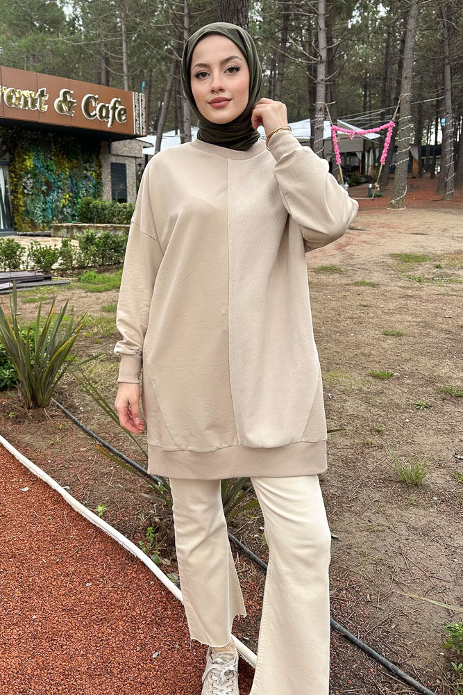 Kadife Detaylı Sweatshirt - Bej - 6