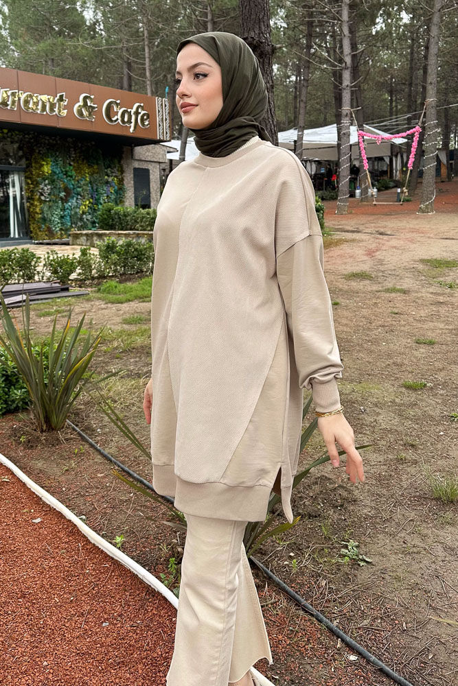 Kadife Detaylı Sweatshirt - Bej - 2