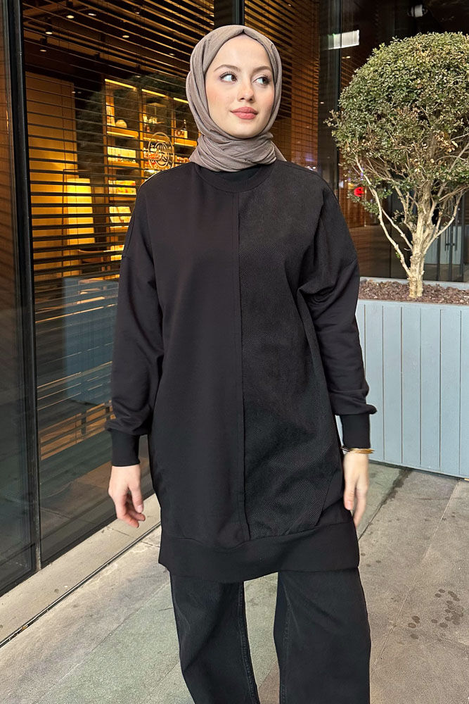 Kadife Detaylı Sweatshirt - Siyah - 1