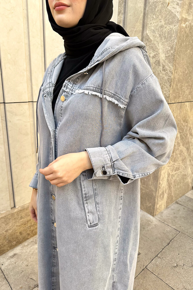 Kapüşonlu Püskül Detaylı Denim Kap - Gri - 6