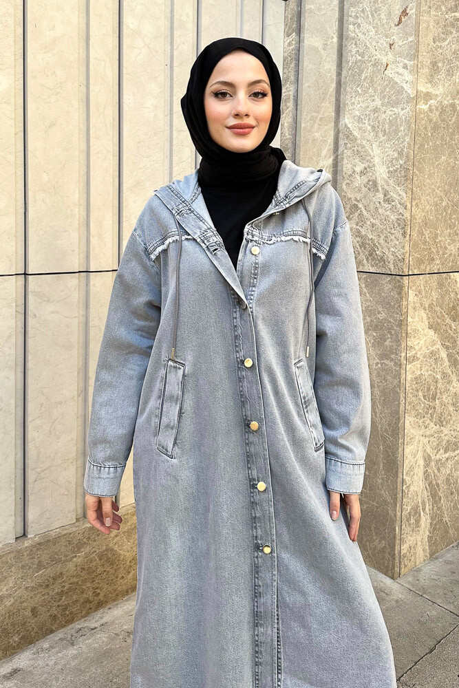 Kapüşonlu Püskül Detaylı Denim Kap - Gri - 7