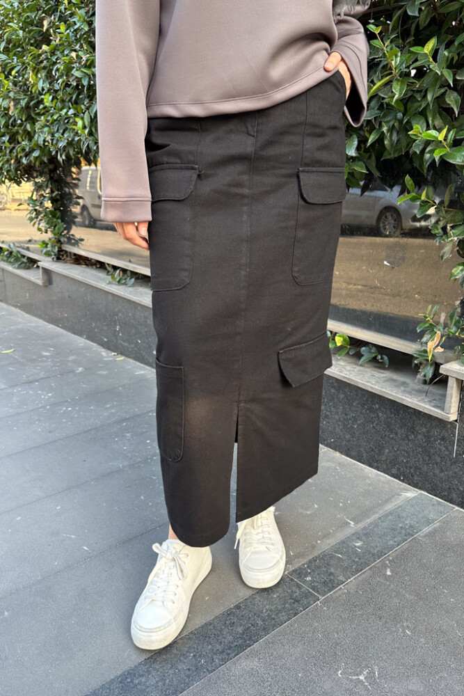 Kargo Cepli Denim Etek - Siyah - 4