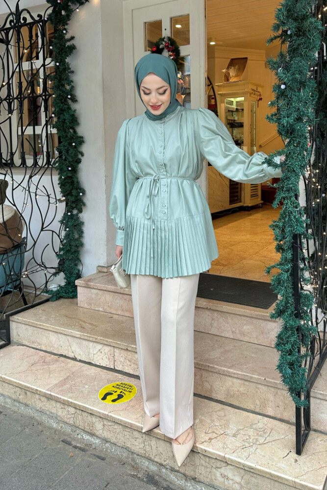 Kendall Piliseli Gömlek - Mint Yeşili - 7