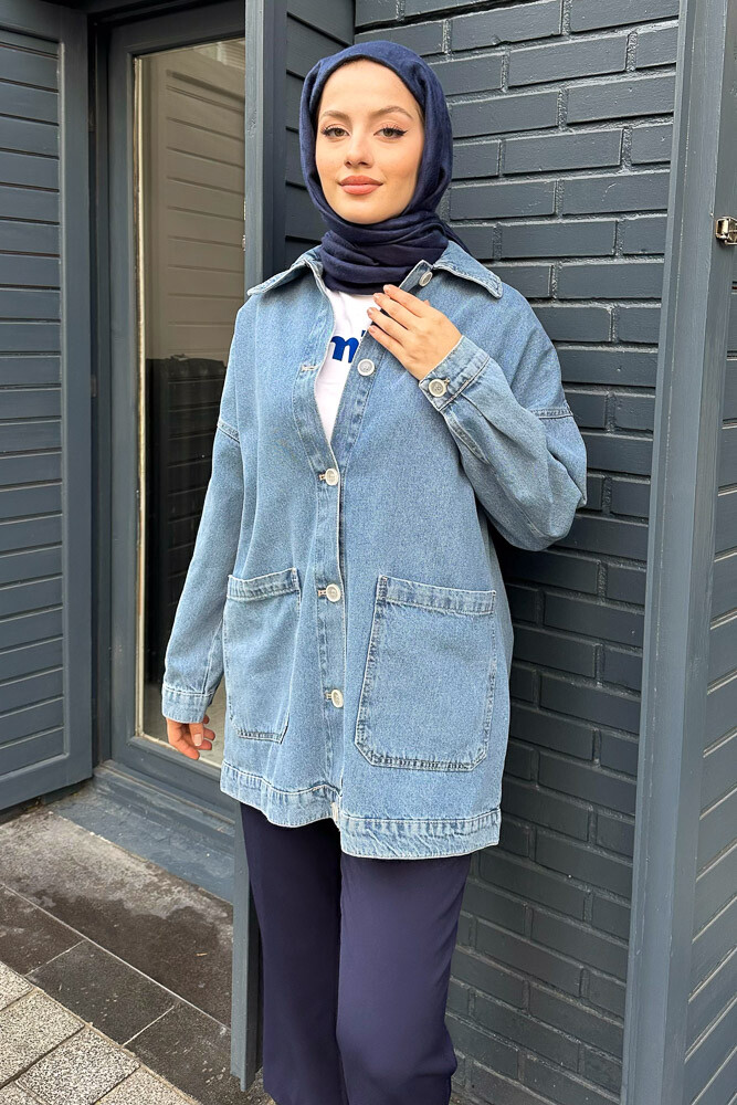 Kısa Düğmeli Denim Ceket - Mavi - 1