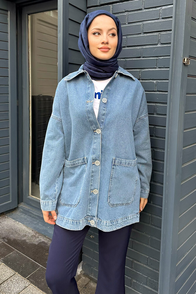 Kısa Düğmeli Denim Ceket - Mavi - 6